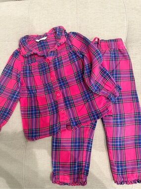 Girls' Plaid Pink Long-Sleeve Pajama Set with Ruffle Collar